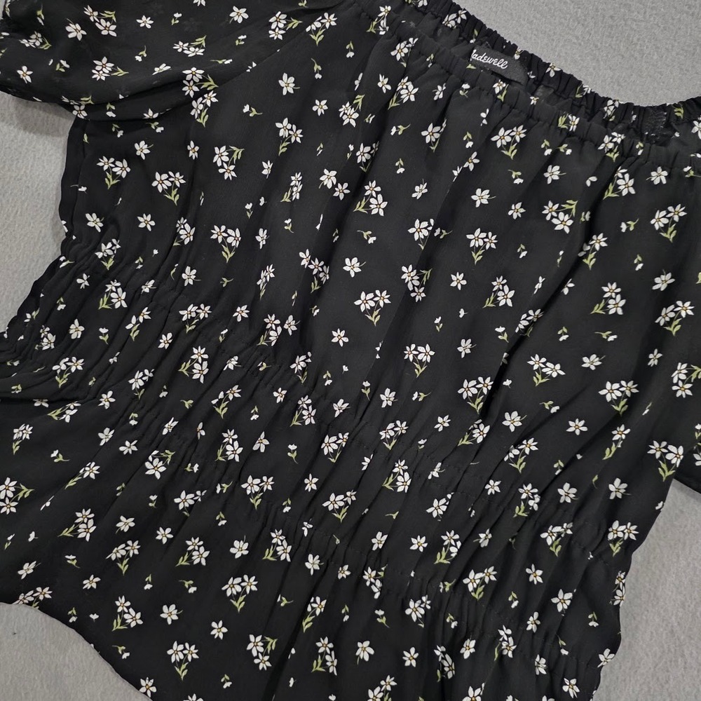 Madewell Floral Puff Sleeve Smocked Peplum Top Black White Daisy Square Neck L - Picture 3 of 7